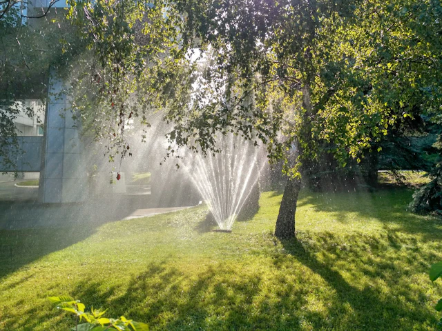new sprinkler system watering lush grass